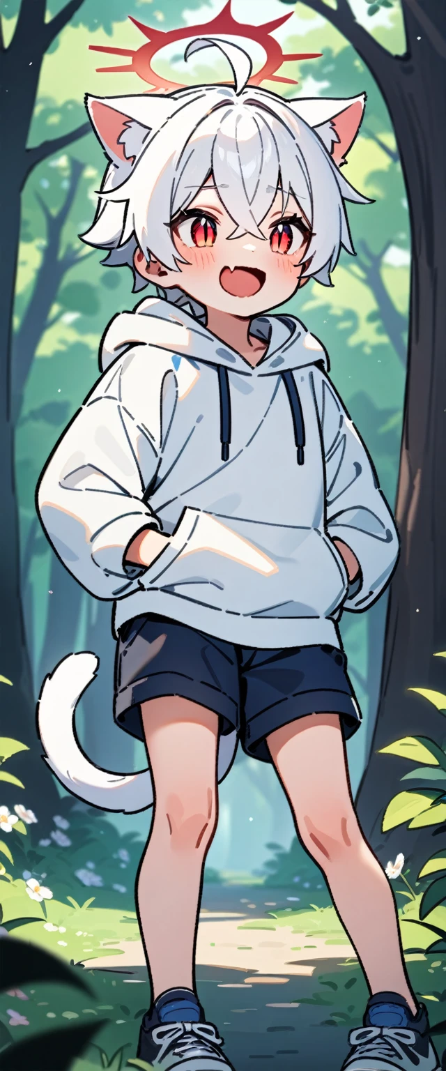 (masterpiece:1.2,high quality),8K,High resolution,A seven-year-old boy,cute boy,white hair,short hair,crossed bangs,red eyes,slit pupils, ahoge,cat ears,laughing,skin fang,red halo,Wearing a white hoodie,Dark blue shorts,Stand in the forest,There are flowering trees on both sides.,primary school student,thigh,alone,cat tail,(Put your hands in your pockets),((Put your hands in your pockets))