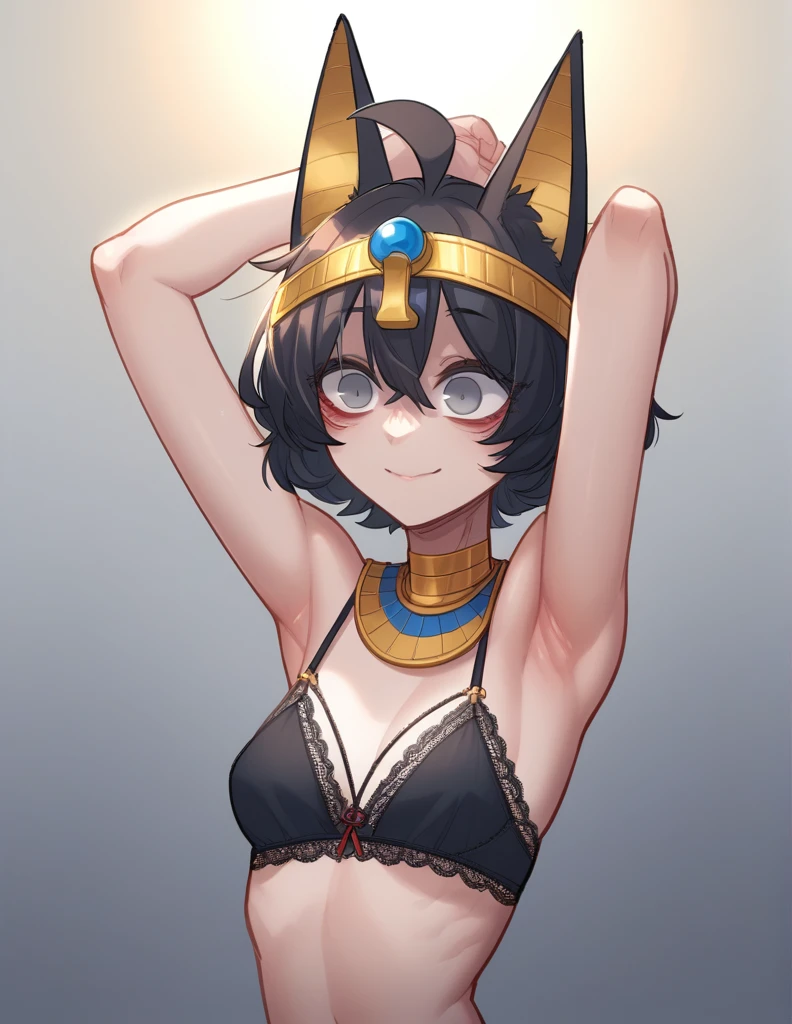 1 girl, alone, ppka, black fur, short hair, messy fur, Ahoge, parts, parts por todo el cuerpo, grey eyes, empty eyes, blind, nervous, slight smile, cute look,
lingerie, lingerie egipcia, Pharaoh, golden human skin accessories, orejas de chacal, orejas negras, clear skin, pale skin, light pigment, White skin, human skin Raising arms, 
exposed armpit