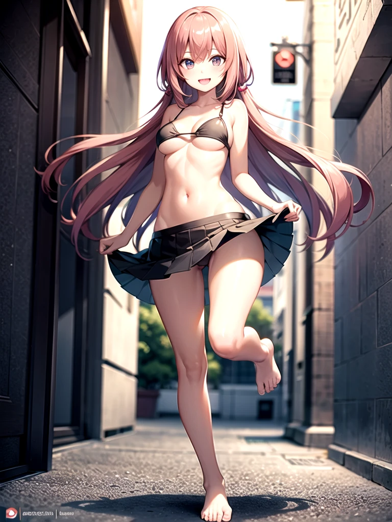 girl，Young，（masterpiece，Highest quality），Street，Completely naked，Bare shoulders、Gal、Pink Hair、smile、passionate、long hair、(Underboob)，Big Breasts，Cleavage，(stomach)，Black mini tube top、looking at the camera、barefoot、A very short black miniskirt，(Ultra Micro Mini Pleated Skirt)，Strong winds、No underwear、share、solo、Are standing、barefoot，City