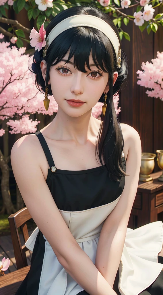 yor, Mature female, bangs, side locks, Red eyes, Black hair, hair adornments,sportrait, (face:1.2), schoolgirls, ssmile,bare shoulders, Black hair, cherry blossom, cleavage, (gown:1.21), clavicle, Willow Branch, (masterpiece best quality :1.2),