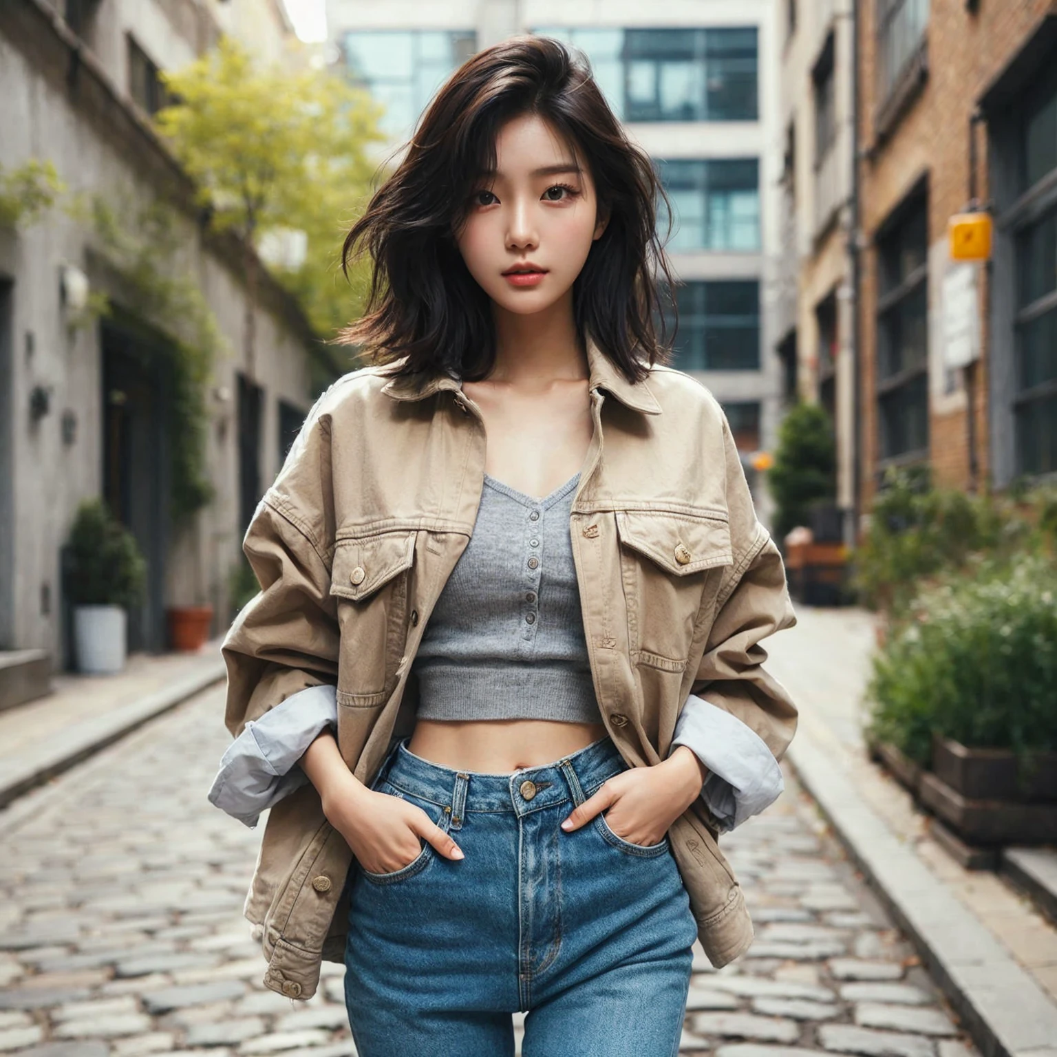 Beautiful young Korean female walking confidently down a cobblestone street in casual, stylish outfits with jackets, shirts, and jeans. The backdrop is a vintage urban setting with buildings and greenery, blending modern style with a cool urban vibe.