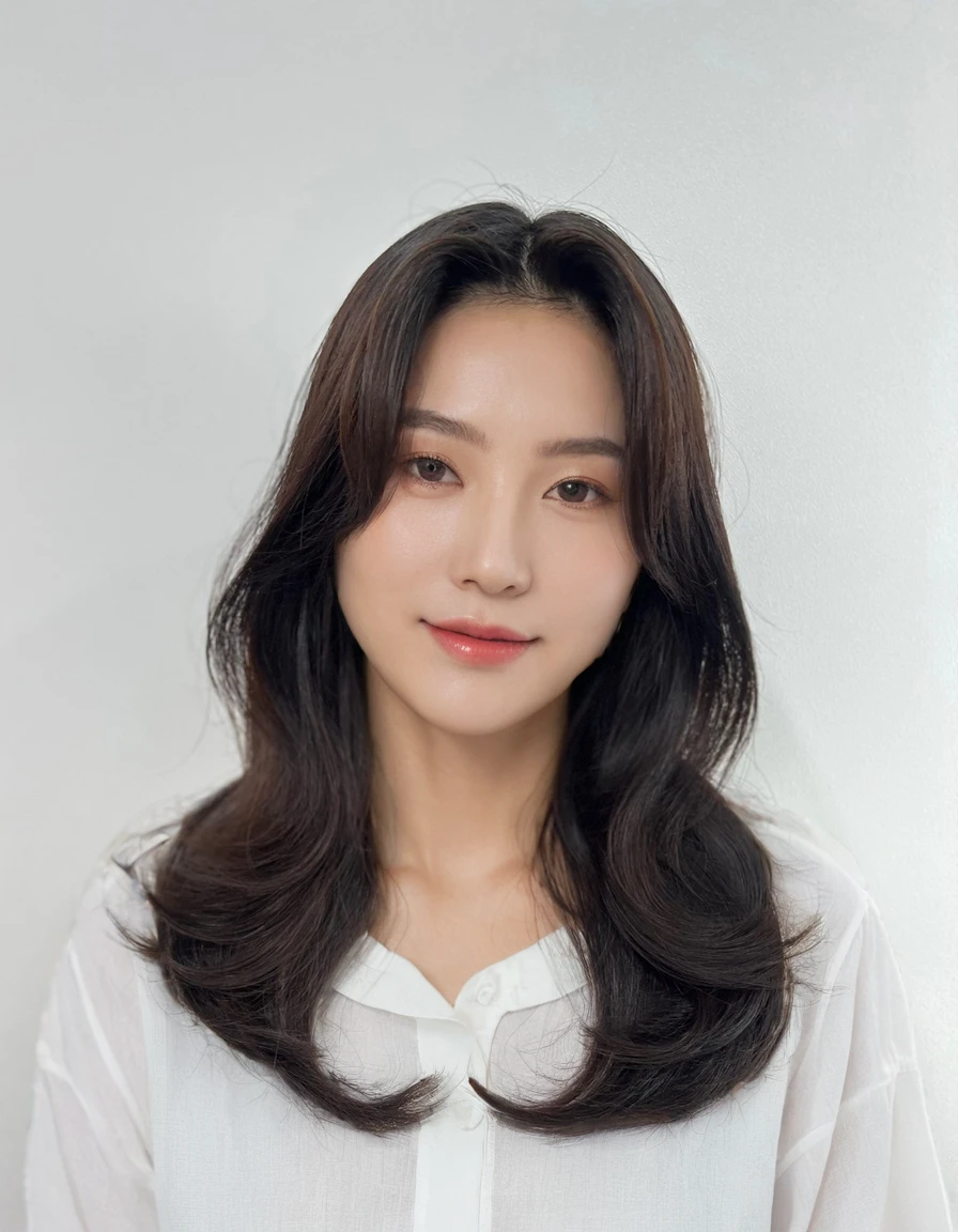 Best Quality, 8k, Masterpiece, (Portrait: 1.3), (photo realistic:1.4), (hyper realistic:1.4), Sharp Focus, looking at viewer, (smoother lighting:1.1), (increase cinematic lighting quality:0.9), realistic lighting, backlighting, light on face, ray trace, (brightening light:1.2), (Increase quality:1.4), sharp detail, (best quality real texture skin:1.4), finely detailed eyes, black_eyes, finely detailed face, 25 year old Korean woman, (yellow formal_shirt:1.4), (Create an image maintaining the original base model hairstyle:1.5)