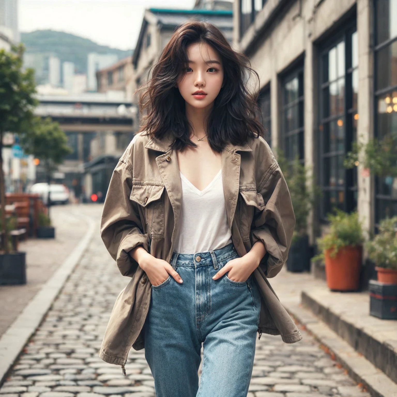 Beautiful young Korean female walking confidently down a cobblestone street in casual, stylish outfits with jackets, shirts, and jeans. The backdrop is a vintage urban setting with buildings and greenery, blending modern style with a cool urban vibe.