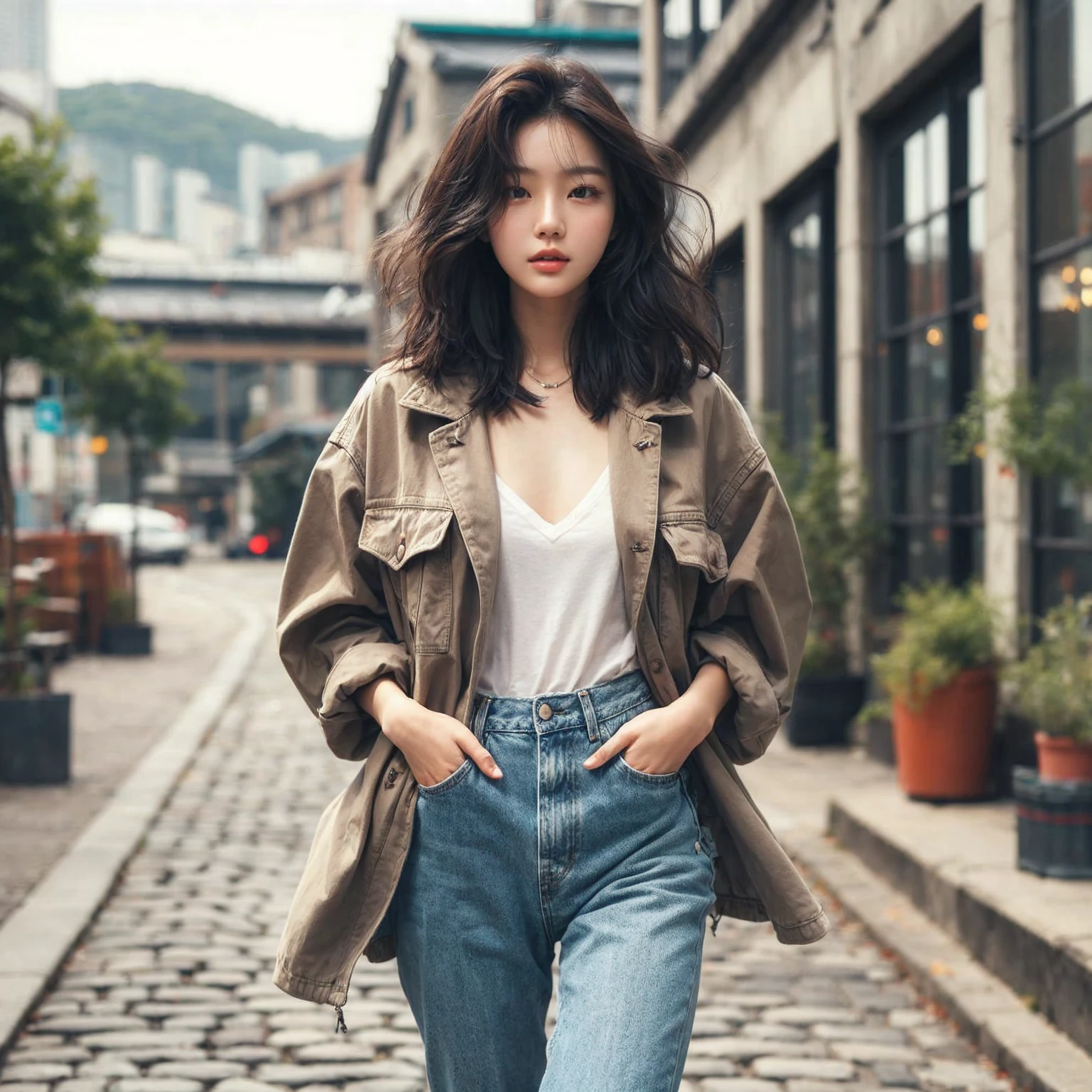 Beautiful young Korean female walking confidently down a cobblestone street in casual, stylish outfits with jackets, shirts, and jeans. The backdrop is a vintage urban setting with buildings and greenery, blending modern style with a cool urban vibe.