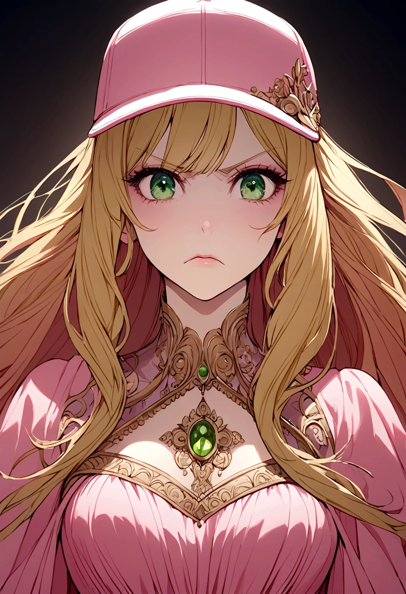 creates the image of a princess, with a pink princess dress, she is wearing a baseball cap, she has an angry expression, she is blonde and has green eyes