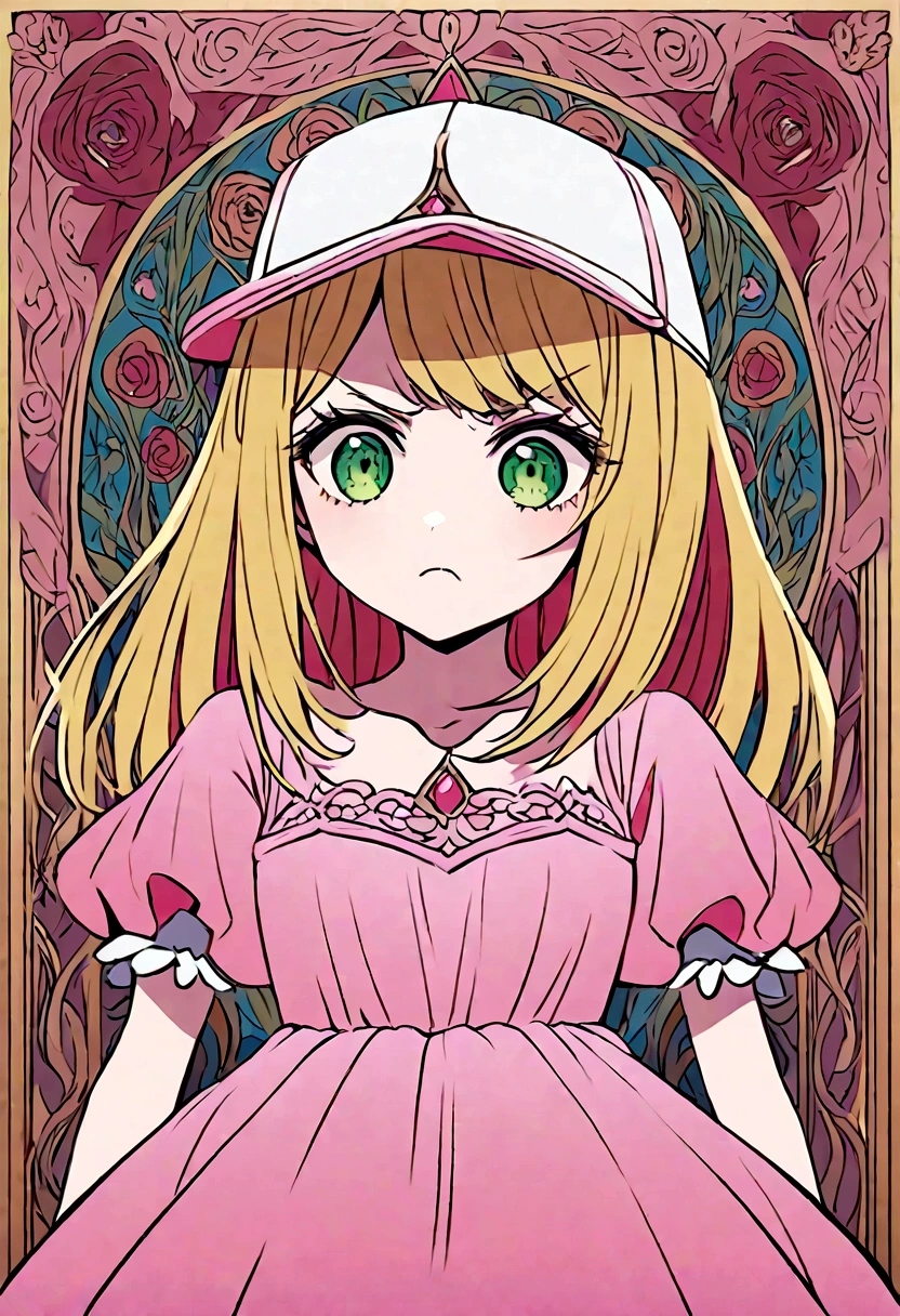 creates the image of a princess, with a pink princess dress, she is wearing a baseball cap, she has an angry expression, she is blonde and has green eyes
