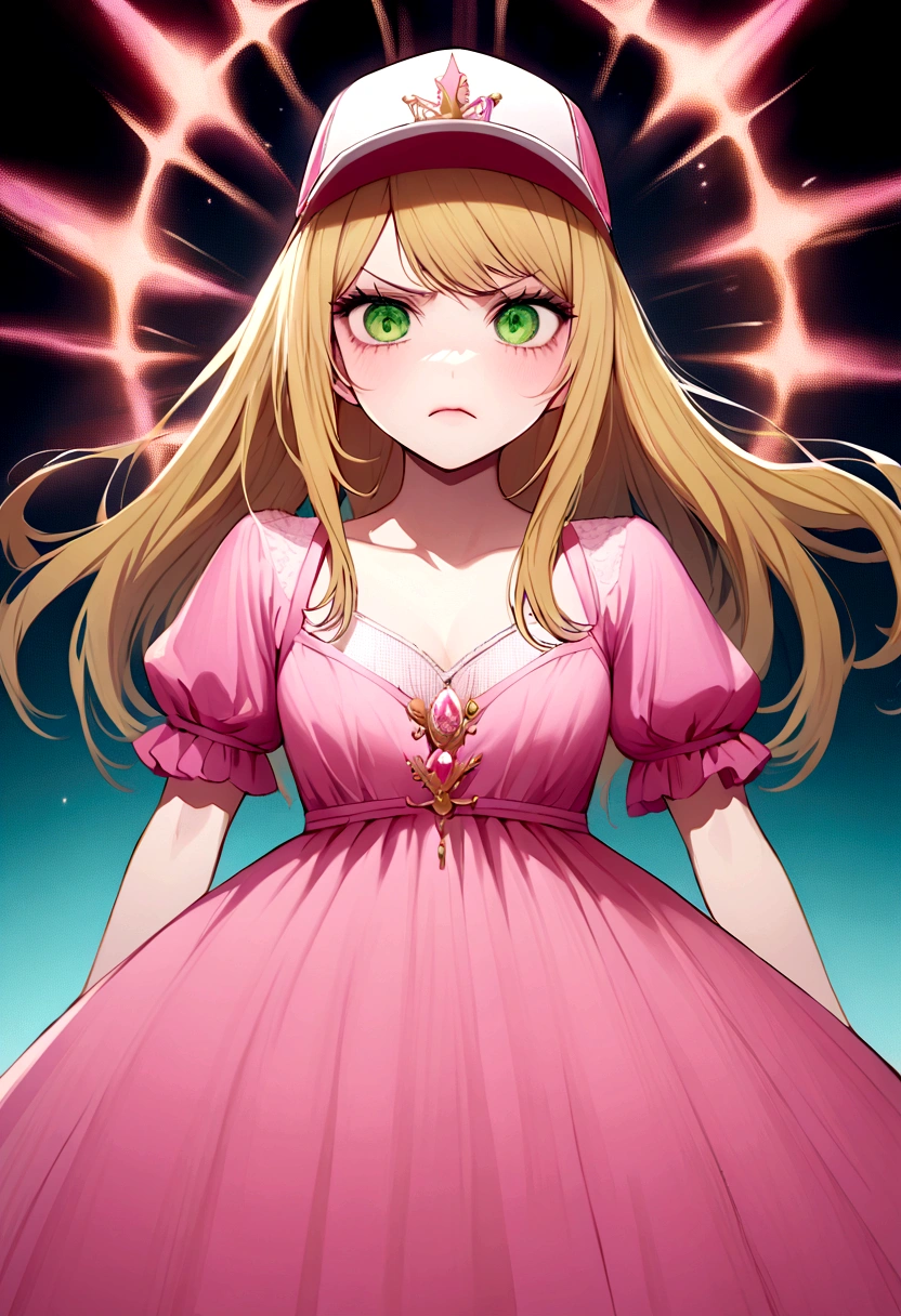 creates the image of a princess, with a pink princess dress, she is wearing a baseball cap, she has an angry expression, she is blonde and has green eyes