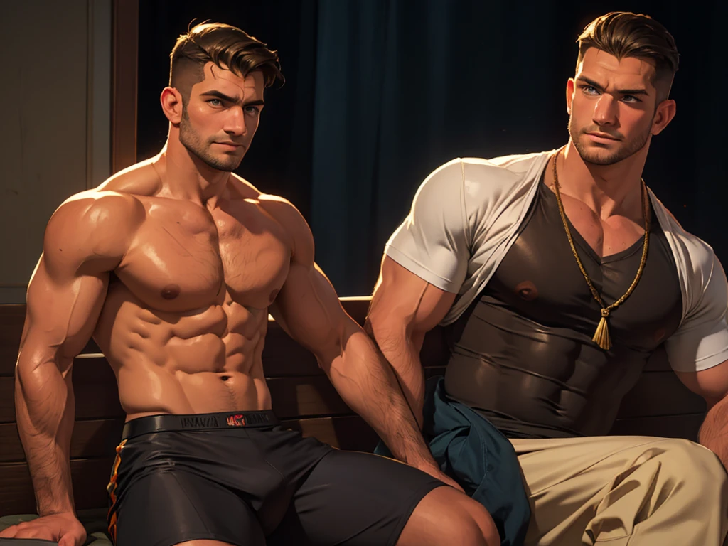 Illustration in Leyendecker style: full-length drawing shirtless Sean Strong - 29, 6'1", 205 lbs, cos, similar to Henry Cavill, but a face like Tom Hardy for inspiration, beutiful, but not model material, Dark Brown Hair, Almost black pool of eyes, Constant five-hour shadow, pouty lips, marine, MARSOC Artillery Sergeant, Head of the Operations Department of Divisions, wounded while escorting Iraqi security forces in north-central Iraq. Three GSWs (Cannon Gunshot wounds) Shattered middle of the left thigh, Shattered right clavicle, and the bullet touched the jawline on the right side of his face and tore off his right earlobe. At Pacific High School, San Bernardino, California, He had an A 3.7 GPA and was a quarterback on the football team. San Diego State University, He specialized in linguistics. He is fluent in Spanish, Arabian (Accent in Mesopotamian), and Gaeilge (Not offered at school, I studied it on my own) In honor of his ancestry. Played football for the San Diego State Aztecs for four years. After that, How he got his