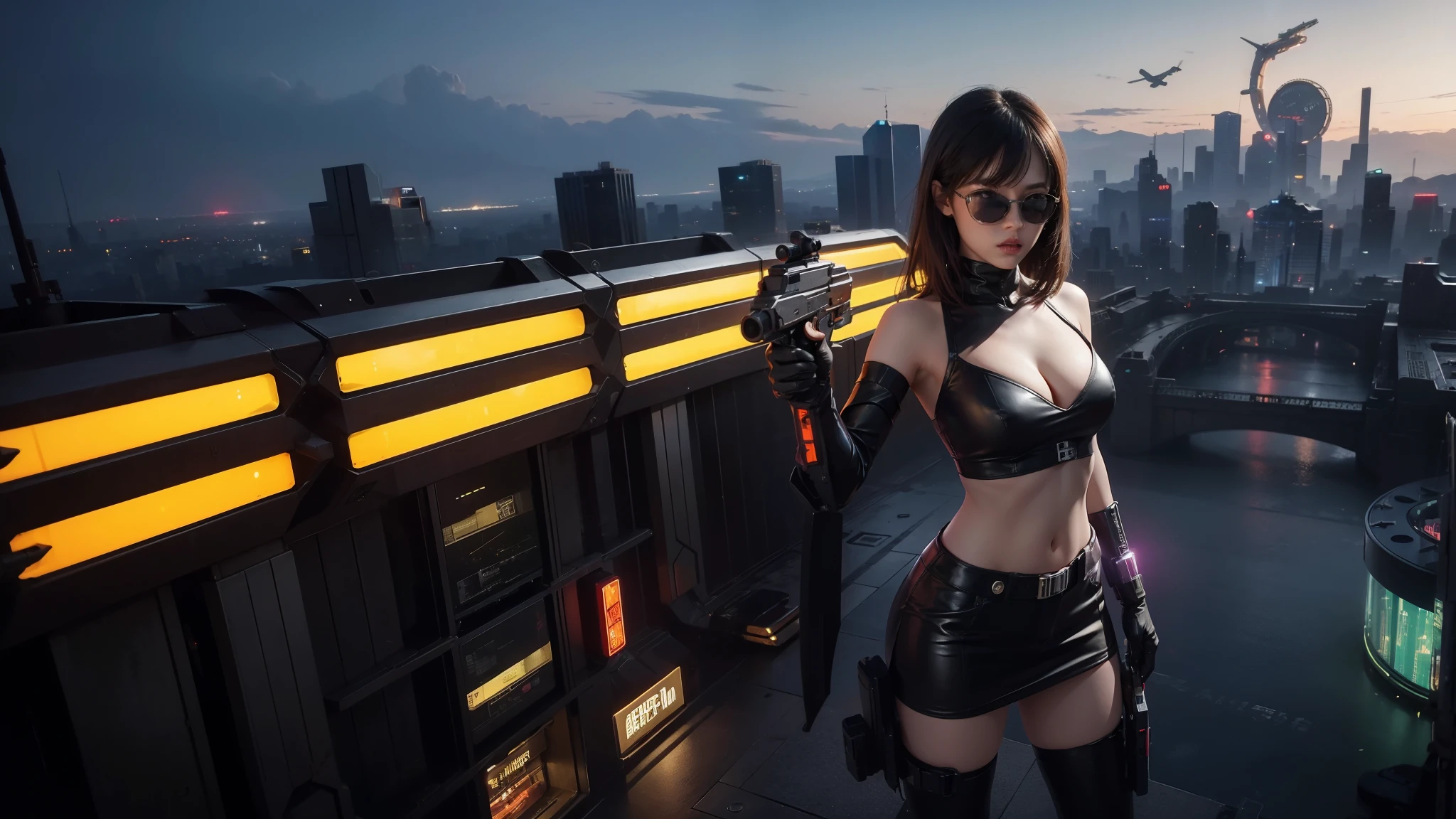 At night, aerial view of futuristic sci-fi cyberpunk city with plenty neon lights, skyscrapers, flying cars, vortex glowing hologram ((giant clock tower)) as time machine, high quality. (1girl, solo), photo realistic, large-breast:1.2 slim body, cleavage:1.3, tube top, short miniskirt, (black sunglasses), aiming at viewer with a (mini rifle):0.3, dynamic pose, half-body thigh level medium shot, cinematic lighting.