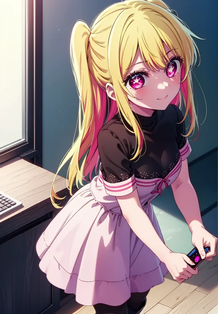 rubyhoshino, Hoshino Ruby, Long Hair, bangs, Blonde, (Pink Eyes:1.3), (Symbol-shaped pupil:1.5), Multicolored Hair, Two-tone hair, happy smile, smile, Close your mouth,
break, Cold Shoulder Shirt,Short sleeve,Long skirt,Black pantyhose,short boots,There is a computer on the table,Walking,interior,whole bodyがイラストに入るように,Daytime,Clear skies,
break indoors, office,
break looking at viewer, whole body,
break (masterpiece:1.2), Highest quality, High resolution, unity 8k wallpaper, (figure:0.8), (Beautiful attention to detail:1.6), Highly detailed face, Perfect lighting, Highly detailed CG, (Perfect hands, Perfect ???????),