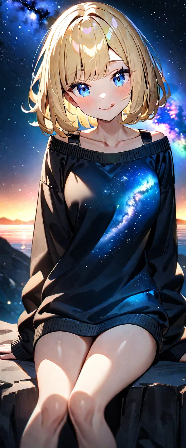 ((stick out tongue)), ((off-shoulder sweater:1.3, Quite thick shoulder straps)), ((black sweater)), ((Aran sweater)), (((bare legs))), ((((upper body)))), ((Leaning to side)), (((a beautiful starry sky, the Milky Way shining beautifully in the night))), ((sitting on the very high cliff)), wavy hair, inward curled hair, sea, ((blond hair, bob cut:1.3)), breasts, teenager, (looking at viewer), oversized clothes, puffy long sleeves, collarbone, head tilt:1.3, (((blue eyes))), happy smile, (((anime style))), (best quality, 4K, 8K, highres, masterpiece:1.2, ultra-detailed, ultra-detailed eyes, HDR, uhd, studio lighting, ultra-fine painting, sharp focus, physically-based rendering, extreme detail description, professional, vivid colors, bokeh)