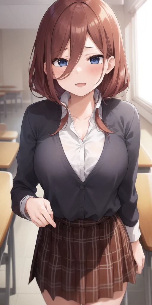 Boy and girl having sex,2D, masterpiece, Highest quality, anime, Very detailed, One girl,nakano miku, Brown Hair, Hair between the eyes,bra,White panties,Medium chest, Are standing, School,classroom