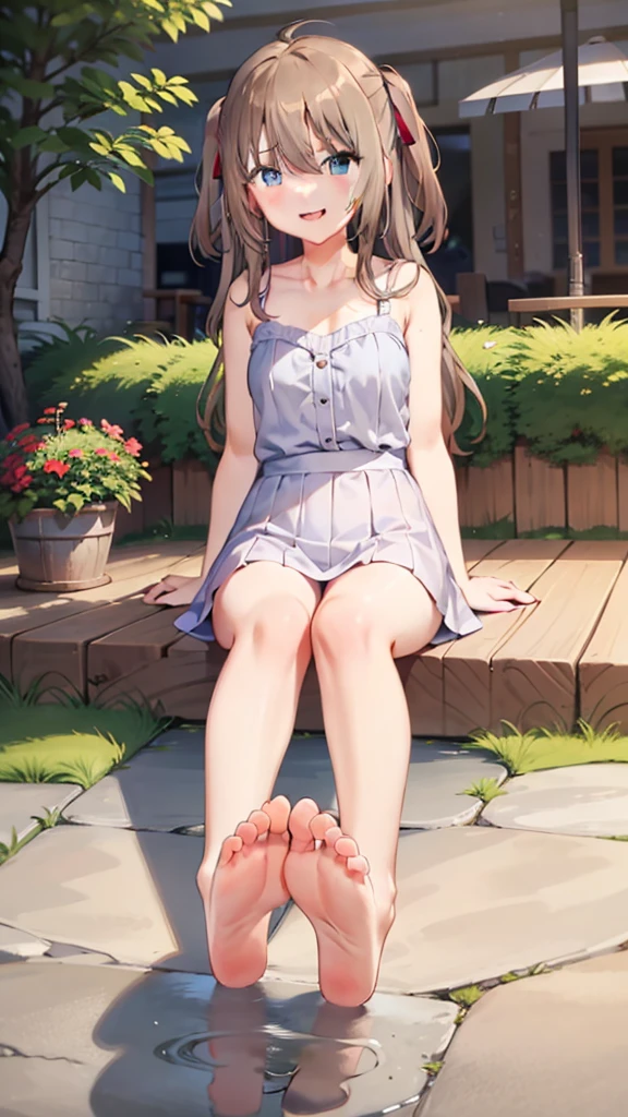 nsfw,One Naked Girl,Wicked Smile,Open your mouth,Brown Hair,シアhmmブルーの目,Young girl,Sitting,bare feet,reach out feet,bare feet,2feet,feet,5 toes,Look down,白いレースの小さいローライズパhmmティ,hmm,Both sides up,赤い髪のリボhmm, sweating,Confused expression,anger,Contempt,