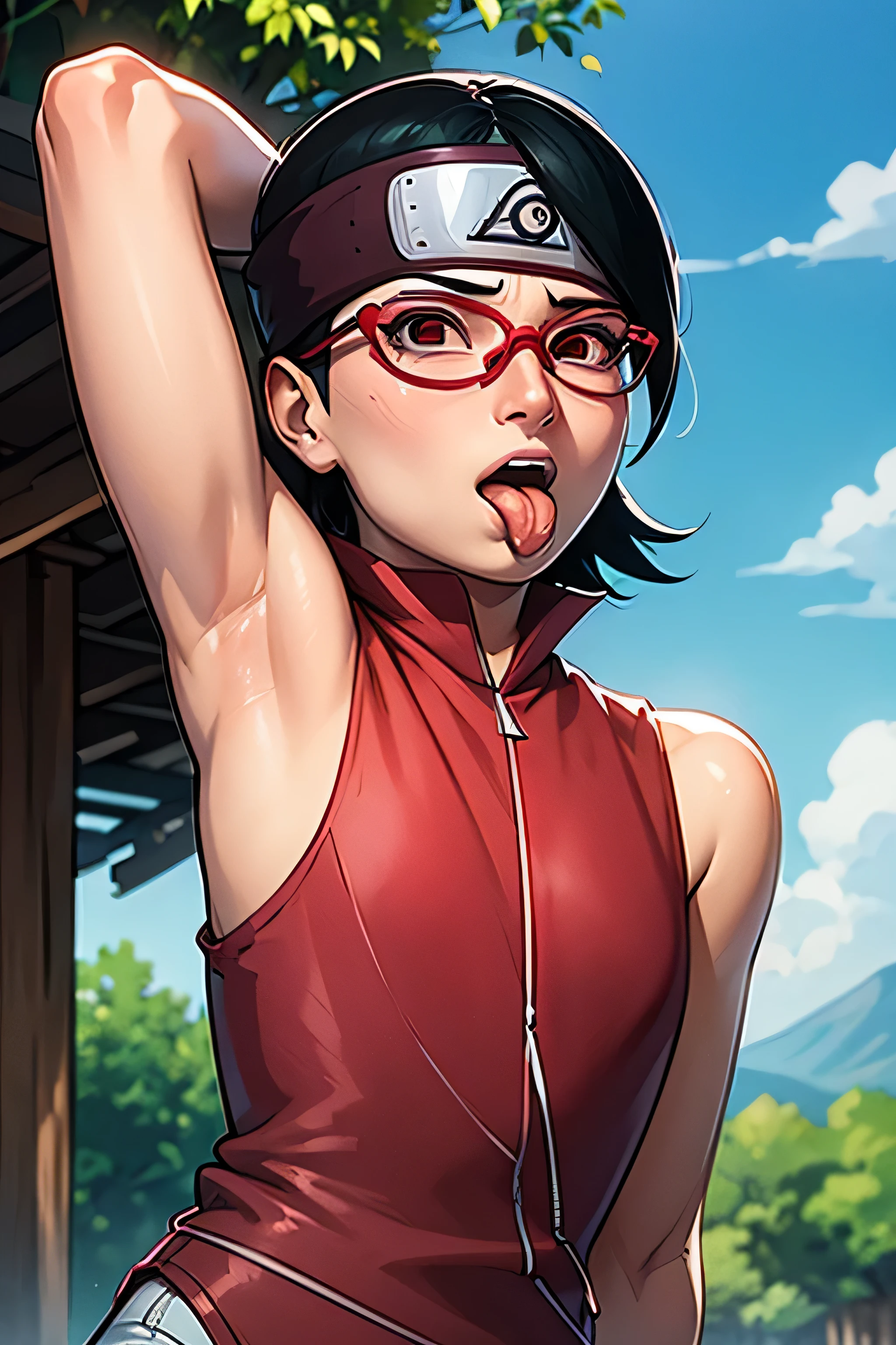 Sarada Uchiha,armpits,armpit,sweaty,sweat,exhausted,tired,both arms raised,ultra HD,village background,awesome armpits,arms up,red rimmed glasses,cross eyed,white eyes,tongue protruded,tongue out,showing tongue,eyes rolling up