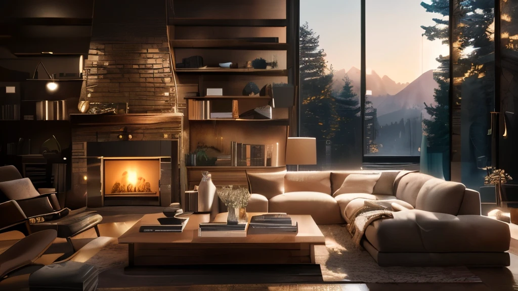 Wall-mounted TV, A living room for a fifty-something with a large sofa, fireplace and LCD TV, Cozy living room interior, Cozy living room background, Cozy living room, Warm living room, enscape render, Relaxing environment, Unreal Engine realistic rendering, Cozy place, Highly realistic Unreal Engine, Cozy environment, Unreal 5 Engine Rendered, Ultra realistic rendering vray, Cozy contemporary living room, Natural and realistic rendering