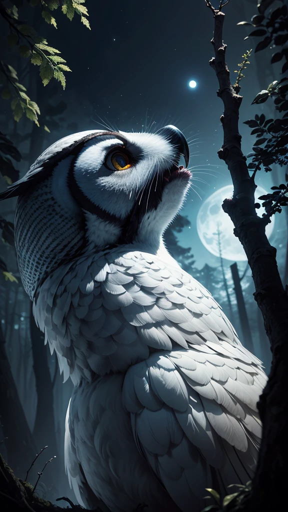 ((masterpiece)),((Highest quality)),((Lots of details)),((Realistic feel)), ((look up:1.6)), Pitch Black, night, Deep in the forest, Moonlight shines, Cool blue shade, White Owl, Dim and dim, High Contrast