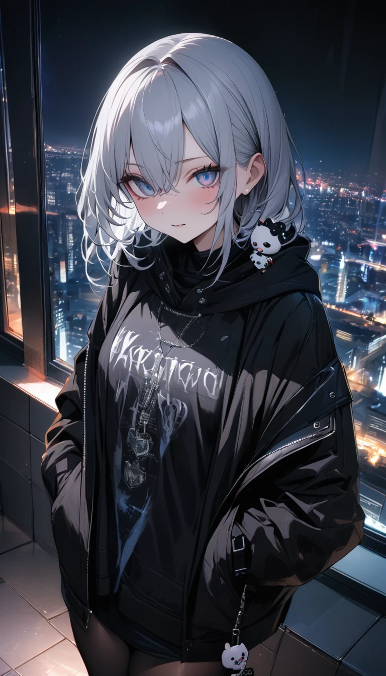 masterpiece, Highest quality, so beautiful, Absurd, Handsome girl, alone, sister, Silver Hair, Cute eyes , Cool clothes, black tights, City night view , charm, Cool face,