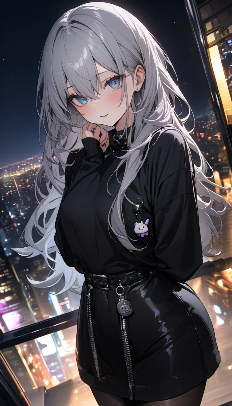 masterpiece, Highest quality, so beautiful, Absurd, Handsome girl, alone, sister, Silver Hair, Cute eyes , Cool clothes, black tights, City night view , charm, Cool face,