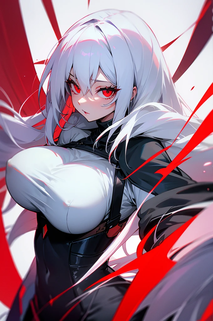 Woman long white hair red eyes big breast happy