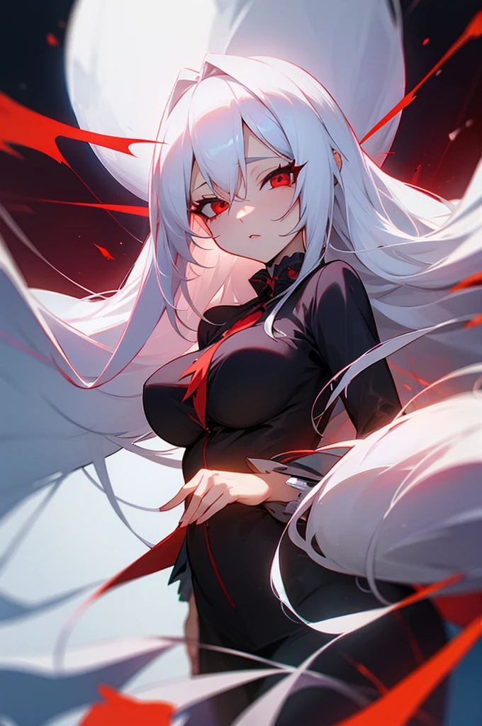 Woman long white hair red eyes big breast happy