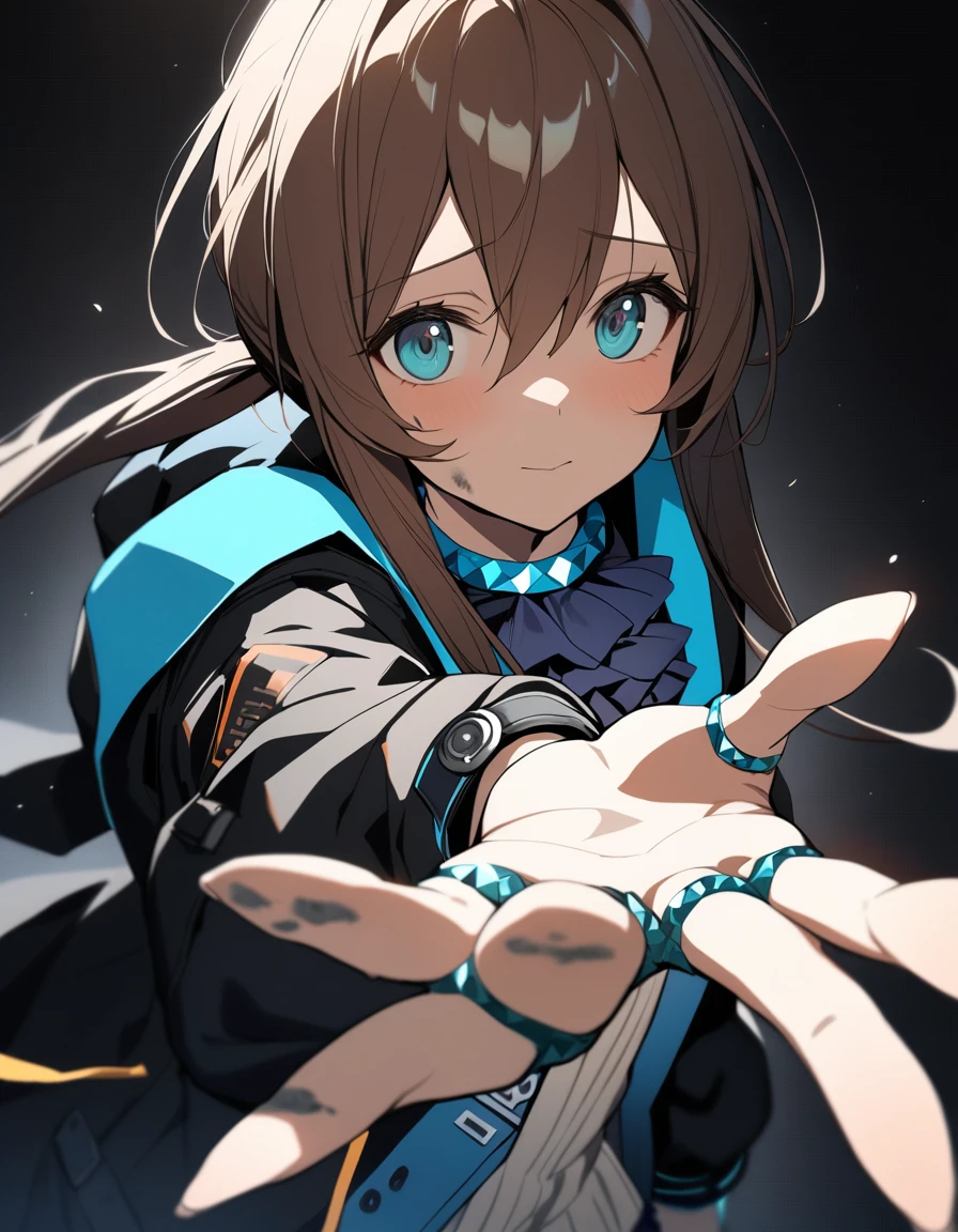One girl, Amiya \(Arknights\), Arknights, Dirty Face, Outstretched Hand, close, Movie angle, Shorthand, dark, dark background, masterpiece, Highest quality