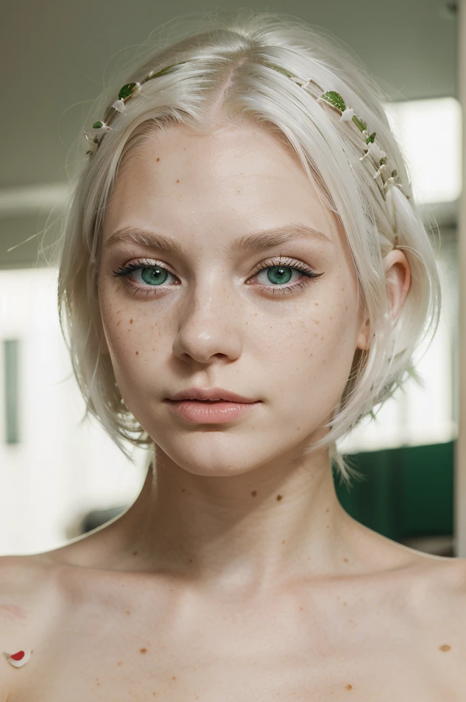 young woman, young, portrait, high quality, albino, bright skin, white eyelashes, White hair, freckles, green eyes, plump lips, cheekbones