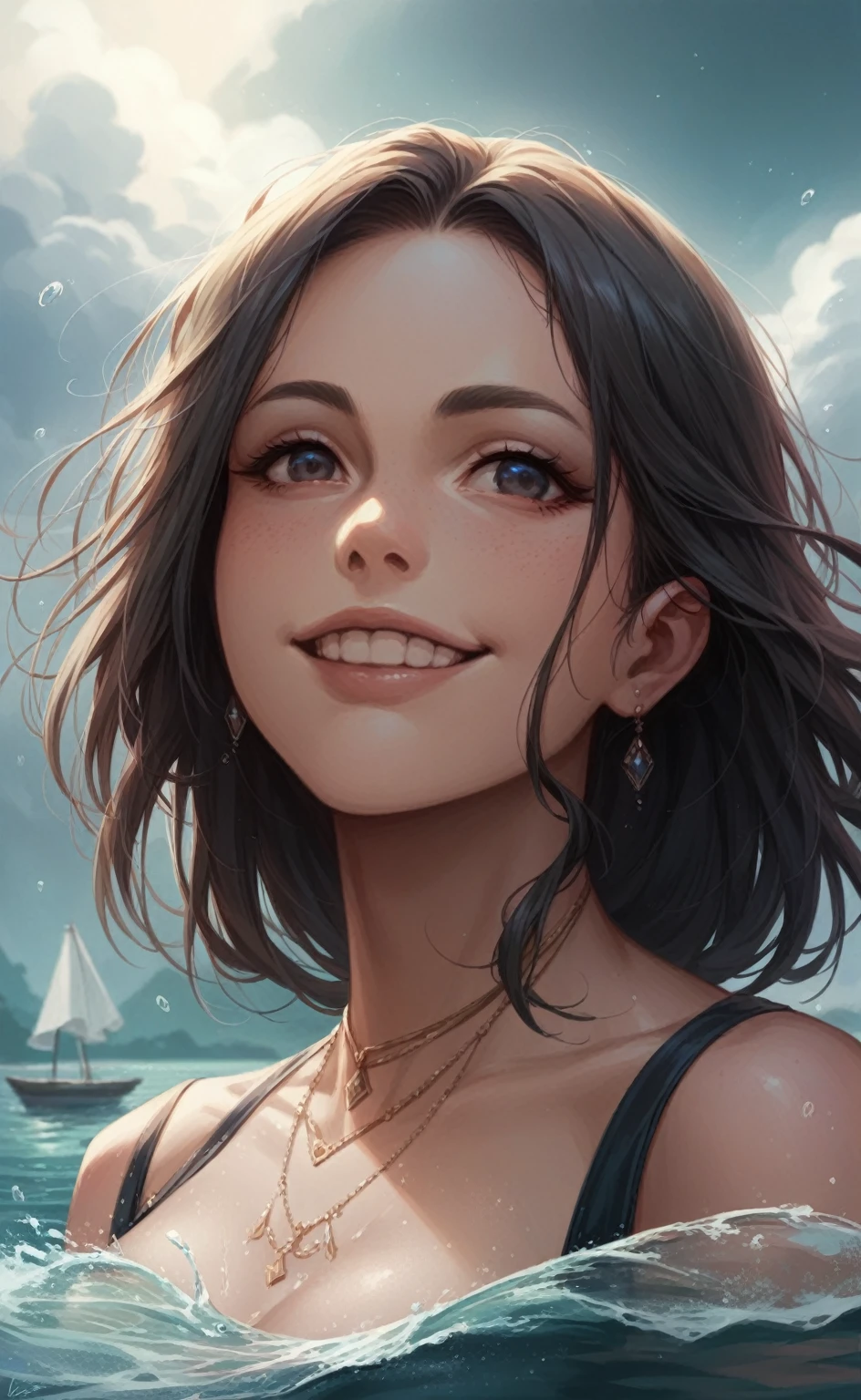 A beautiful girl with short hairs smiling, in water, wearing beautiful dress