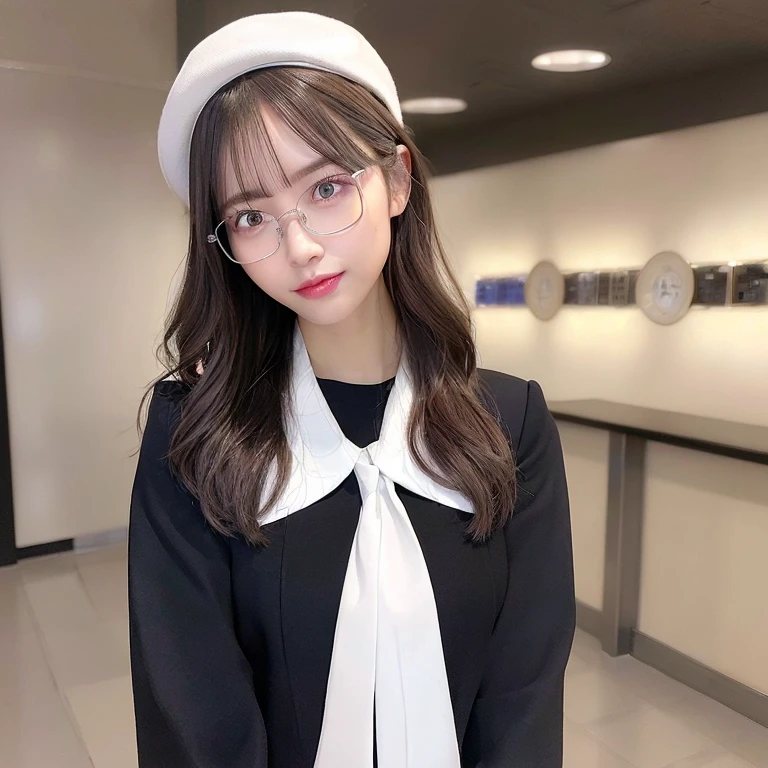 whole body (8K, RAW Photos, Highest quality, masterpiece:1.2), (Realistic, photo-Realistic:1.37),(Sharp focus:1.2), Professional Lighting, Photon Mapping, Radio City, Physically Based Rendering, (Pale skin:1.2),(Small breasts:1.2), View your viewers, (Mid-length hair:1.5), Portraiture, Purple eyes, (Silver Hair:1.1),bangs, (Simple Background:1.4), alone, Upper Body, Realistic,(masterpiece:1.4),(Highest quality:1.4),(Shiny skin),Fashionable Girl,compensate,smile(skinny,Mouth closed,shy :1.3) ,(Are standing,Black stewardess uniform,Necromancer:1.1),Wearing glasses with thin frames,necklace,hatを被っている,hat,Selfie,鏡に向かってSelfie,selfy