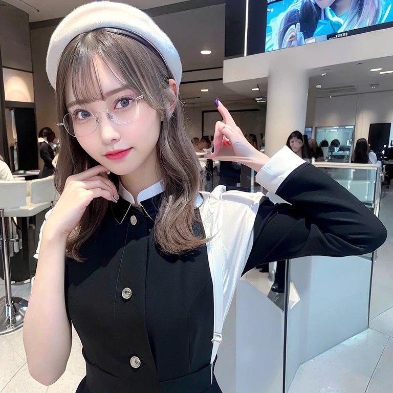 whole body (8K, RAW Photos, Highest quality, masterpiece:1.2), (Realistic, photo-Realistic:1.37),(Sharp focus:1.2), Professional Lighting, Photon Mapping, Radio City, Physically Based Rendering, (Pale skin:1.2),(Small breasts:1.2), View your viewers, (Mid-length hair:1.5), Portraiture, Purple eyes, (Silver Hair:1.1),bangs, (Simple Background:1.4), alone, Upper Body, Realistic,(masterpiece:1.4),(Highest quality:1.4),(Shiny skin),Fashionable Girl,compensate,smile(skinny,Mouth closed,shy :1.3) ,(Are standing,Black stewardess uniform,Necromancer:1.1),Wearing glasses with thin frames,necklace,hatを被っている,hat,Selfie,鏡に向かってSelfie,selfy