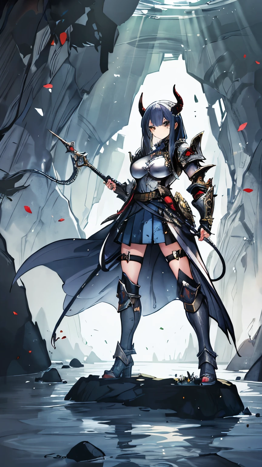 A female demon lord in the Demon Castle, unique armor equipment, wearing light and shadow, armor skirt, a hybrid of human and reptile, an incredibly vast limestone cave