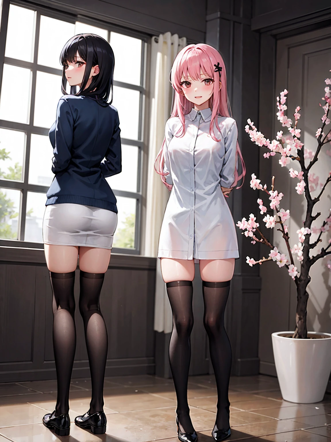 (high resolution)Cherry Blossom Park、Standing with arms folded behind back、Sister with long black hair、Black Stockings、Office Casual