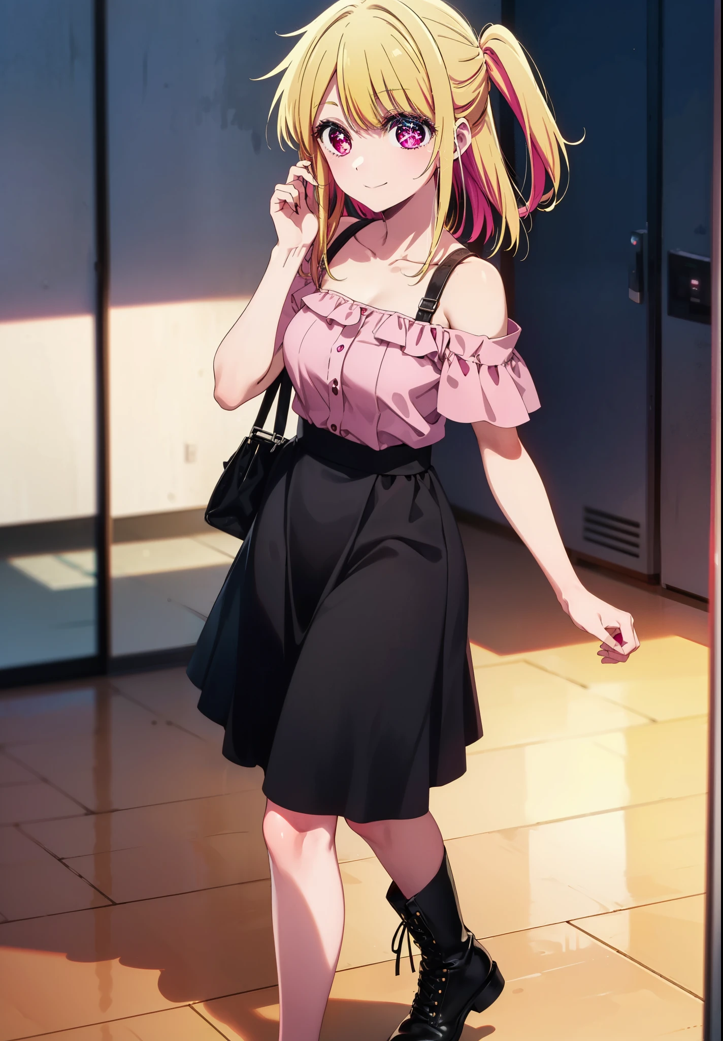 rubyhoshino, Hoshino Ruby, Long Hair, bangs, Blonde, (Pink Eyes:1.3), (Symbol-shaped pupil:1.5), Multicolored Hair, Two-tone hair, happy smile, smile, Close your mouth,
break, Cold Shoulder Shirt,Short sleeve,Long skirt,Black pantyhose,short boots,There is a computer on the table,Walking,interior,whole bodyがイラストに入るように,Daytime,Clear skies,
break indoors, office,
break looking at viewer, whole body,
break (masterpiece:1.2), Highest quality, High resolution, unity 8k wallpaper, (figure:0.8), (Beautiful attention to detail:1.6), Highly detailed face, Perfect lighting, Highly detailed CG, (Perfect hands, Perfect Anatomy),