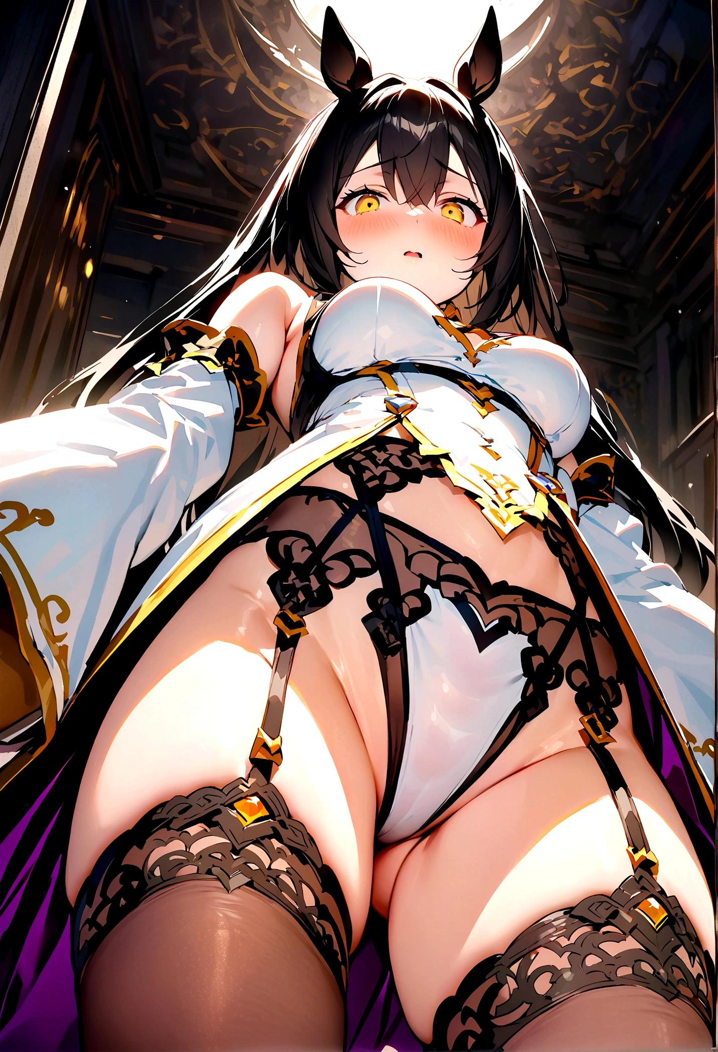 Browsing Caution,masterpiece,Highest quality,High resolution,Very detailed,One girl, Manhattan Cafe \(Horse Girl\)、Yellow Eyes、Black Hair、Long Hair、 Long Bangs、 Horse ears、White leotard,High Leg,Removable sleeves,garter belt,Brothel,Brothel,Embarrassing,A look of expectation(Men with strong faces), From below