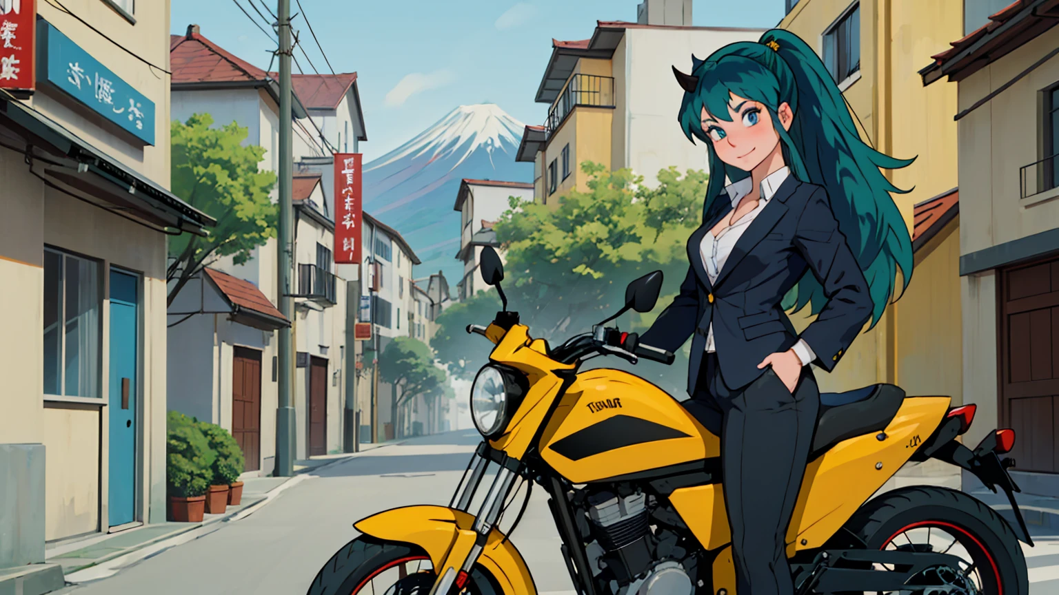 (score_9, score_8_up, score_7_up), lum, solo, long hair, bangs, green hair, blue eyes, aqua hair, tiny horns, eyeshadow, breasts, small breasts, looking at viewer, blush, teasing smile, fang, tilt head, (masterpiece), perfect sexy female body, (sexy and seductive pose:1.3), medieval Japanese street, mountain, Mount Fuji, hair between eyes, (hair ornament:1.2), hairclip, sidelocks, riding, business suit, strapless, black pants, white collared shirt, kanedabike, yellow tiger-stripped bigscooter, painterly, jhyd style, from side,