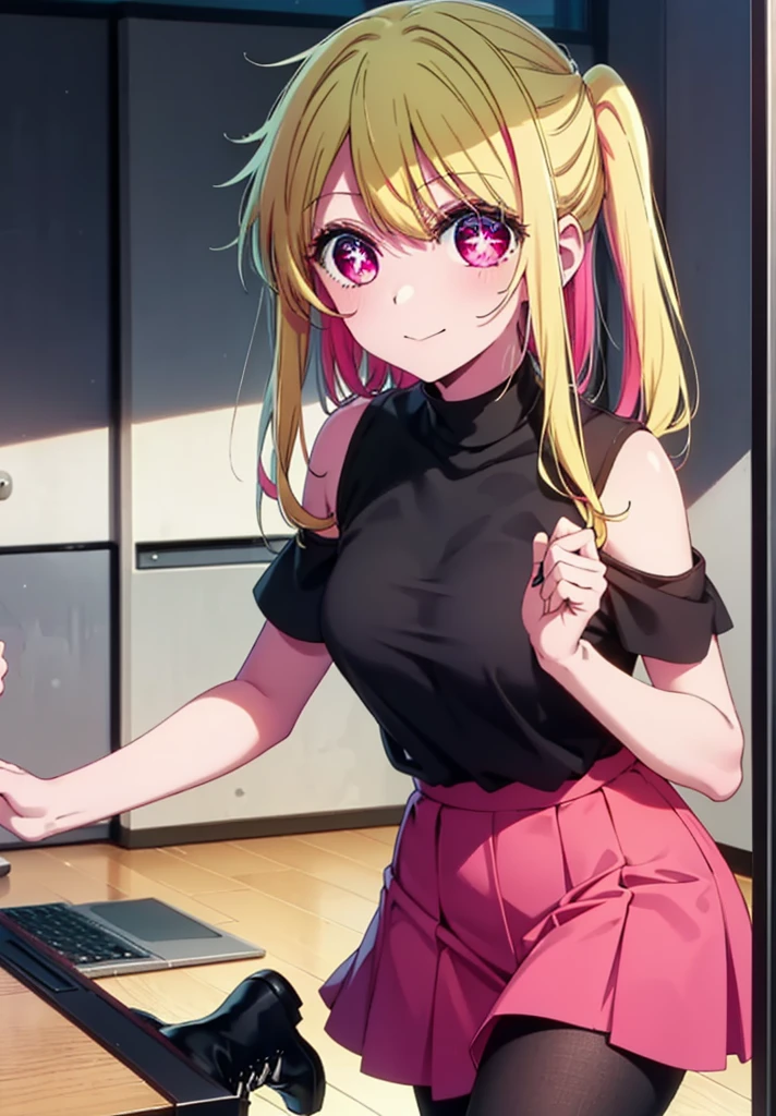 rubyhoshino, Hoshino Ruby, Long Hair, bangs, Blonde, (Pink Eyes:1.3), (Symbol-shaped pupil:1.5), Multicolored Hair, Two-tone hair, happy smile, smile, Close your mouth,
break, Cold Shoulder Shirt,Short sleeve,Long skirt,Black pantyhose,short boots,There is a computer on the table,Walking,interior,whole bodyがイラストに入るように,Daytime,Clear skies,
break indoors, office,
break looking at viewer, whole body,
break (masterpiece:1.2), Highest quality, High resolution, unity 8k wallpaper, (figure:0.8), (Beautiful attention to detail:1.6), Highly detailed face, Perfect lighting, Highly detailed CG, (Perfect hands, Perfect Anatomy),