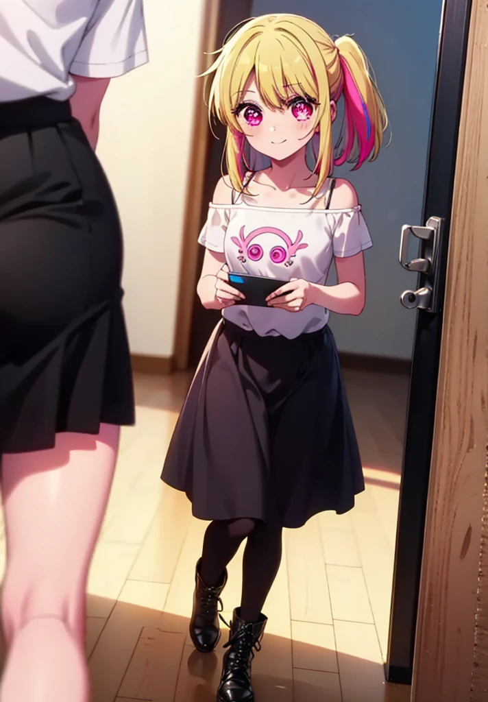 rubyhoshino, Hoshino Ruby, Long Hair, bangs, Blonde, (Pink Eyes:1.3), (Symbol-shaped pupil:1.5), Multicolored Hair, Two-tone hair, happy smile, smile, Close your mouth,
break, Cold Shoulder Shirt,Short sleeve,Long skirt,Black hose,short boots,There is a computer on the table,Walking,interior,whole bodyがイラストに入るように,Daytime,Clear skies,
break indoors, office,
break looking at viewer, whole body,
break (masterpiece:1.2), Highest quality, High resolution, unity 8k wallpaper, (figure:0.8), (Beautiful attention to detail:1.6), Highly detailed face, Perfect lighting, Highly detailed CG, (Perfect hands, Perfect Anatomy),