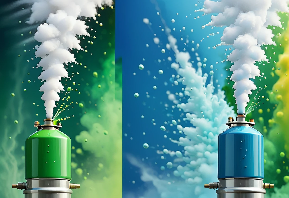 Split-screen illustration comparing fuel atomization and atomization.
Left Side - Fuel Distribution:
Large drops of different sizes
Wider spray pattern
Open air or engine compartment background
 soft edges of drops.
Right side - fuel spray:
 small, uniform, clear drops
 focused spray pattern
Engine cylinder or combustion chamber background
Use a cool color palette with blues and greens. Style: Technical illustration with artistic flair. с пузырьками и красно-синими языками пламени, вода particules, вода particle in front, Пузырящиеся жидкости, жидкий огонь, ферро жидкости произвольной формы, ферро жидкие океаны, вода particles, psychedelic droplets of вода, красочная ферро жидкостная броня, фракталы!! вода, покрытый ферро жидкостью. зеркальная камера