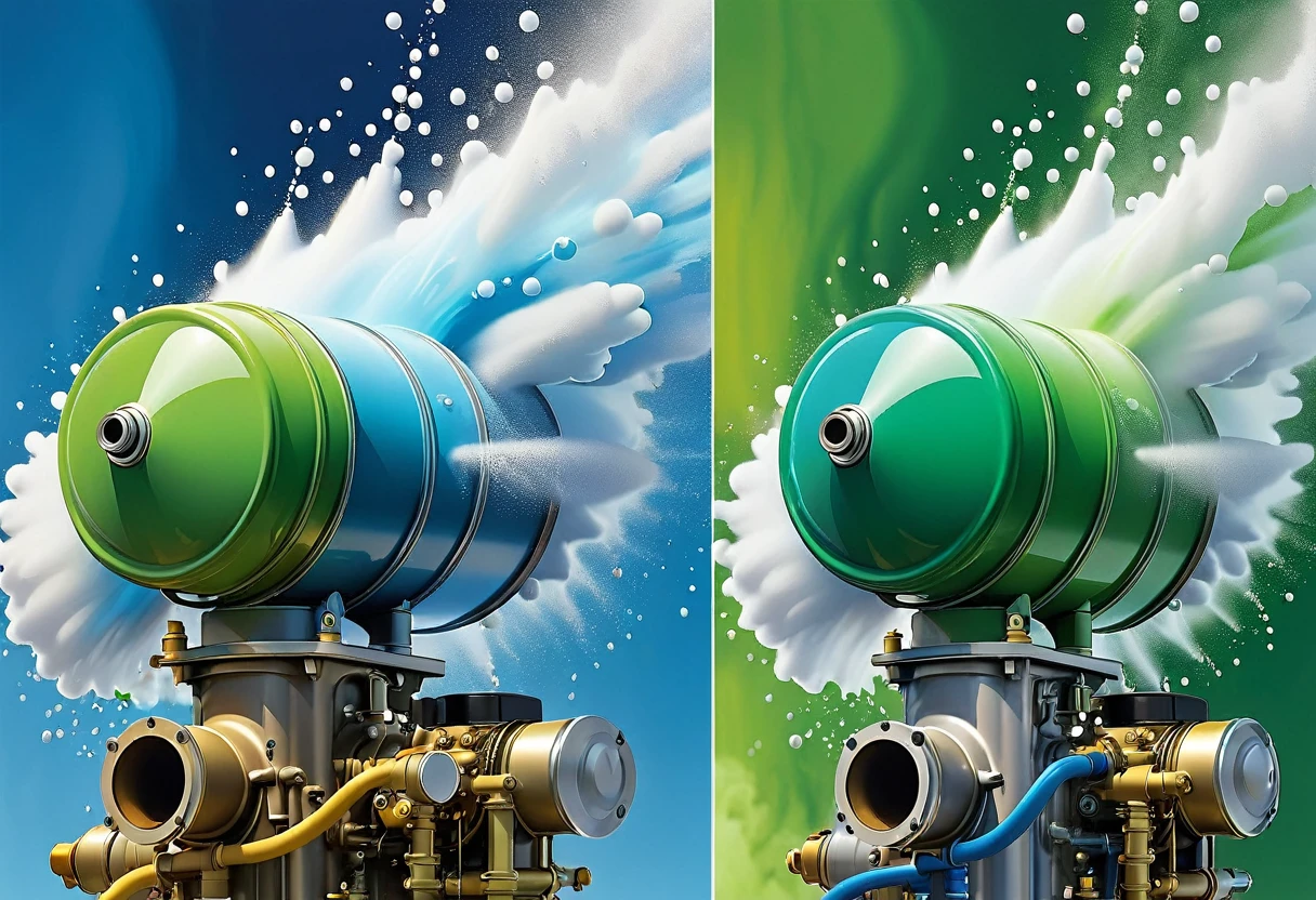 Split-screen illustration comparing fuel atomization and atomization.
Left Side - Fuel Distribution:
Large drops of different sizes
Wider spray pattern
Open air or engine compartment background
 soft edges of drops.
Right side - fuel spray:
 small, uniform, clear drops
 focused spray pattern
Engine cylinder or combustion chamber background
Use a cool color palette with blues and greens. Style: Technical illustration with artistic flair. с пузырьками и красно-синими языками пламени, вода particules, вода particle in front, Пузырящиеся жидкости, жидкий огонь, ферро жидкости произвольной формы, ферро жидкие океаны, вода particles, psychedelic droplets of вода, красочная ферро жидкостная броня, фракталы!! вода, покрытый ферро жидкостью. зеркальная камера