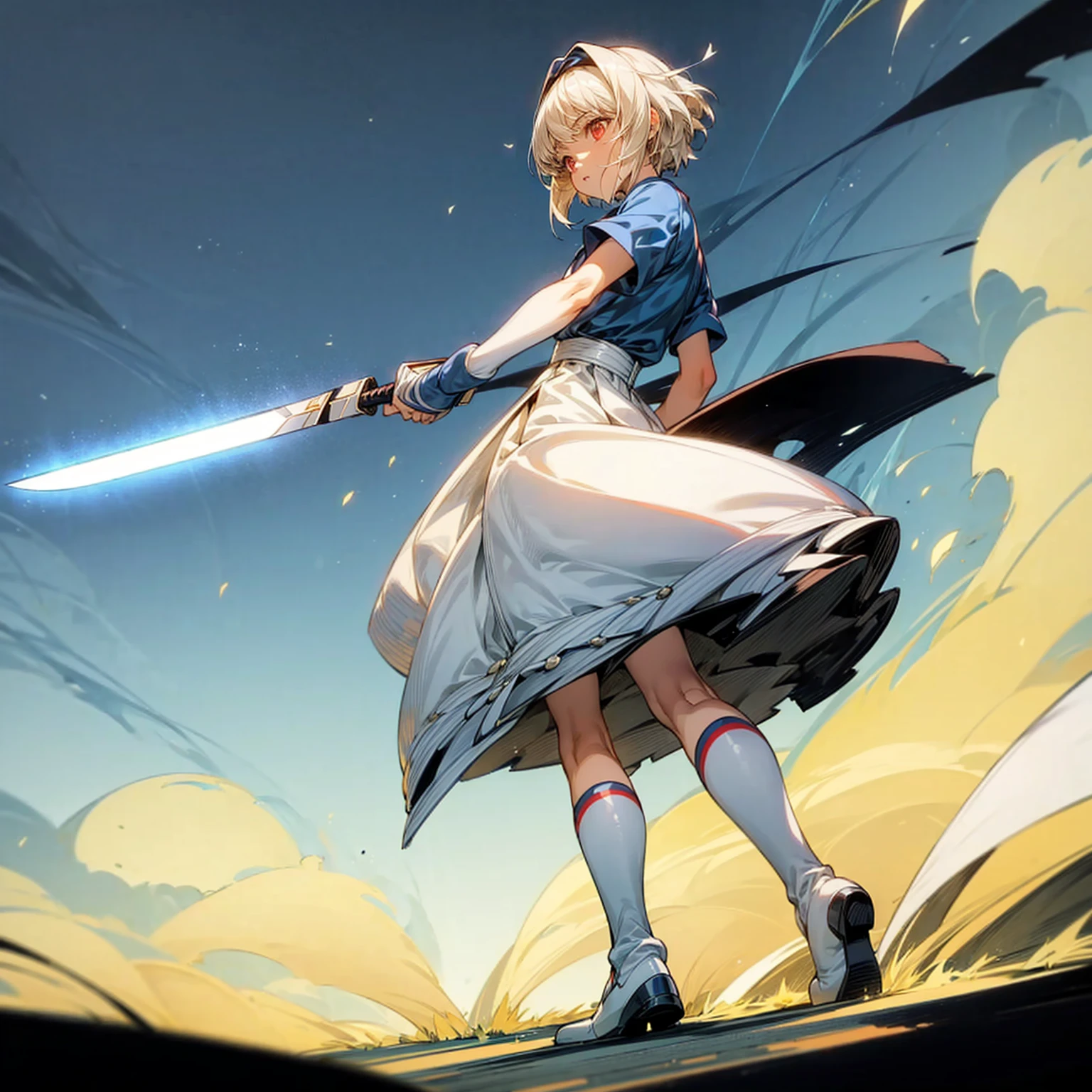 1girl, Full body version, 1character, light red eyes color, short hairstyle, white colour hair, saber style clothing, Long skirt, long socks, long boots, knife in hand, full background, Grassroots background in village, motion blur, shadow, standing gesture, (captain Tsubasa style art)