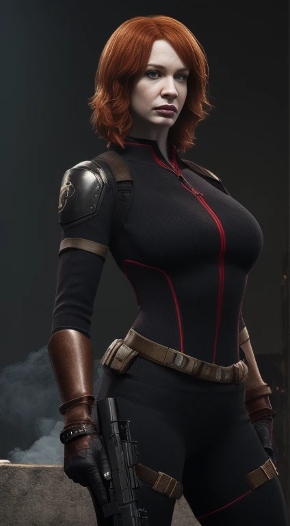 Imagine Christina Hendricks as an Resident Evil character, Christina Hendricks as a video game character, Resident Evil, Christina Hendricks in a survival horror shooter video game, created in Mark Fillion style. High-quality facial research of Christina Hendricks, (Christina's sculpted cheekbones and slight wrinkles around the face), 48 years old, High-quality detailed research of Christina Hendricks voluptuous figure. Body armor, black armored suit, cleavage, high-tech goggles, metallic utility belt, metal arm bands, gun holsters, fingerless gloves. Glamorous, confident expression, fierce and powerful stance.((aiming at the viewer with a gun)), action pose, dynamic pose. Dramatic lighting, high contrast, horror based aesthetics, shadows and highlights, 8k wallpaper, smoke and debris surrounding her