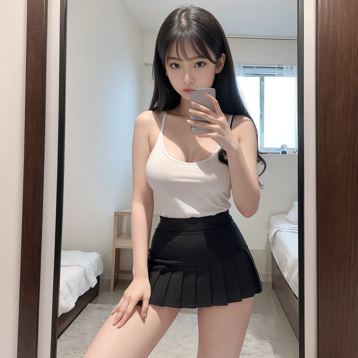 Flying debris、Highest quality、Super quality、Understood、High resolution、8k wallpaper、Perfect dynamic composition、(((Esbian all over)))、((From below))、Cute 20 year old girl、Beautiful face in every detail、Delicate and cute eyes、Fine skin、My cheeks are red.、(Wavy black hair)、Thin legs、Generate it on the eaves、Take a selfie with your phone、room、Wearing a tank top、White Background、Wear a skirt、I can see your pants、Panty shot、The exact shape of the areola、Transparent areola、The nipples are transparent、Taking a selfie in the mirror with your smartphone