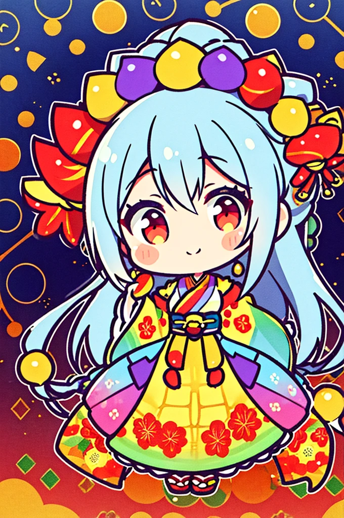 An anime-style elderly woman with white hair standing in a cornfield. She is wearing an elaborate outfit that combines elements of a traditional junihitoe and oiran style, adorned with intricate patterns and vibrant colors. The outfit includes multiple layers with an elaborate obi belt, and is decorated with luxurious details and gemstones. The kimono should have detailed, opulent patterns with gold, vibrant colors, and scattered gemstones, making it look even more ornate and glamorous. She maintains her joyful expression while holding a basket of vegetables. In the background, various vegetables like corn, tomatoes, and other greens are floating in the air, creating a whimsical atmosphere. The background features rows of corn plants under a clear blue sky, with an abundance of floating vegetables filling the scene.