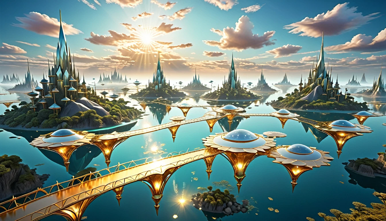 A surreal dreamscape of floating metallic islands, each with its own unique design and purpose, connected by shimmering bridges of light.