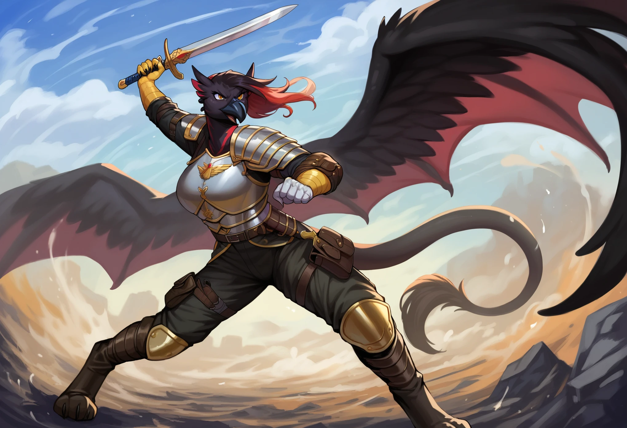 score_9_up, ((adult)), (gryphon:1.2), (solo, female, dragon scales, black scales), with Center parted shoulder length hairstyle, (wearing military armor, pants), (holding weapon, sword), action pose, show legs, scene background