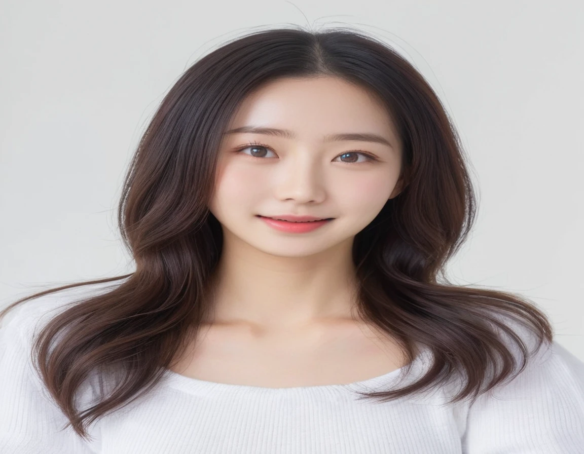 Best Quality, 8k, Masterpiece, (Portrait: 1.3), (photo realistic:1.4), (hyper realistic:1.4), Sharp Focus, looking at viewer, (smoother lighting:1.1), (increase cinematic lighting quality:0.9), realistic lighting, backlighting, light on face, ray trace, (brightening light:1.2), (Increase quality:1.4), sharp detail, (best quality real texture skin:1.4), finely detailed eyes, black_eyes, finely detailed face, 25 year old Korean woman,smiling_face