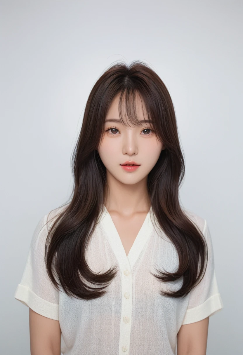 Best Quality, 8k, Masterpiece, (Portrait: 1.3), (photo realistic:1.4), (hyper realistic:1.4), Sharp Focus, looking at viewer, (smoother lighting:1.1), (increase cinematic lighting quality:0.9), realistic lighting, backlighting, light on face, ray trace, (brightening light:1.2), (Increase quality:1.4), sharp detail, (best quality real texture skin:1.4), finely detailed eyes, black_eyes, finely detailed face, 25 year old Korean woman