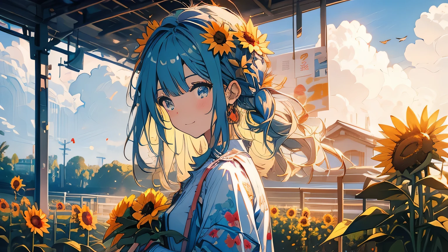 a cute anime girl with a farmer style, holding sunflowers in a garden with flowers and plants, she is a gardener, the sky is in the morning and with a lot of clouds