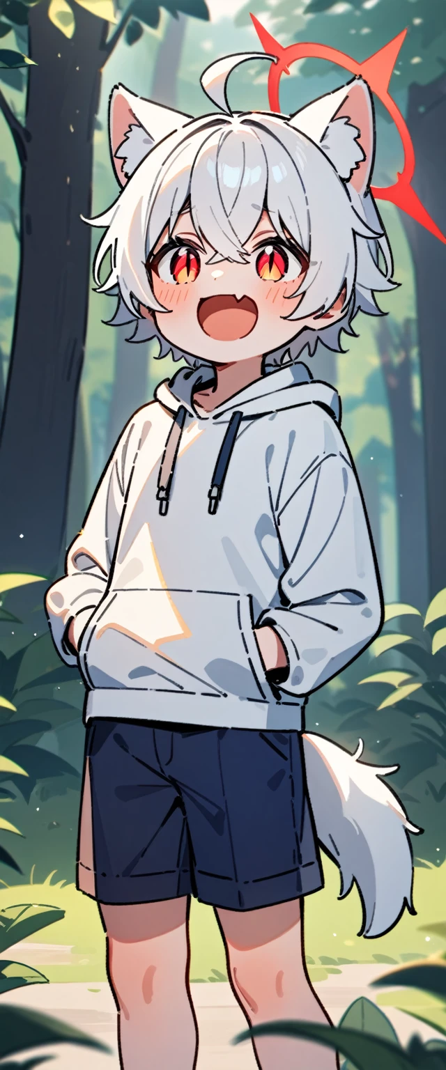 (masterpiece:1.2,high quality),8K,High resolution,A seven-year-old boy,cute boy,white hair,short hair,crossed bangs,red eyes,slit pupils, ahoge,cat ears,laughing,skin fang,red halo,Wearing a white hoodie,Dark blue shorts,Stand in the forest,There are flowering trees on both sides.,primary school student,thigh,alone,dog tail,(Put your hands in your pockets),((Put your hands in your pockets))