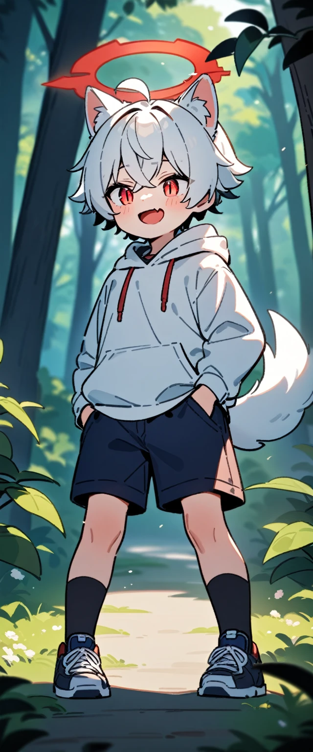 (masterpiece:1.2,high quality),8K,High resolution,A seven-year-old boy,cute boy,white hair,short hair,crossed bangs,red eyes,slit pupils, ahoge,cat ears,laughing,skin fang,red halo,Wearing a white hoodie,Dark blue shorts,Stand in the forest,There are flowering trees on both sides.,primary school student,thigh,alone,dog tail,(Put your hands in your pockets),((Put your hands in your pockets))