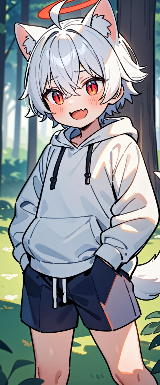 (masterpiece:1.2,high quality),8K,High resolution,A seven-year-old boy,cute boy,white hair,short hair,crossed bangs,red eyes,slit pupils, ahoge,cat ears,laughing,skin fang,red halo,Wearing a white hoodie,Dark blue shorts,Stand in the forest,There are flowering trees on both sides.,primary school student,thigh,alone,dog tail,(Put your hands in your pockets),((Put your hands in your pockets))